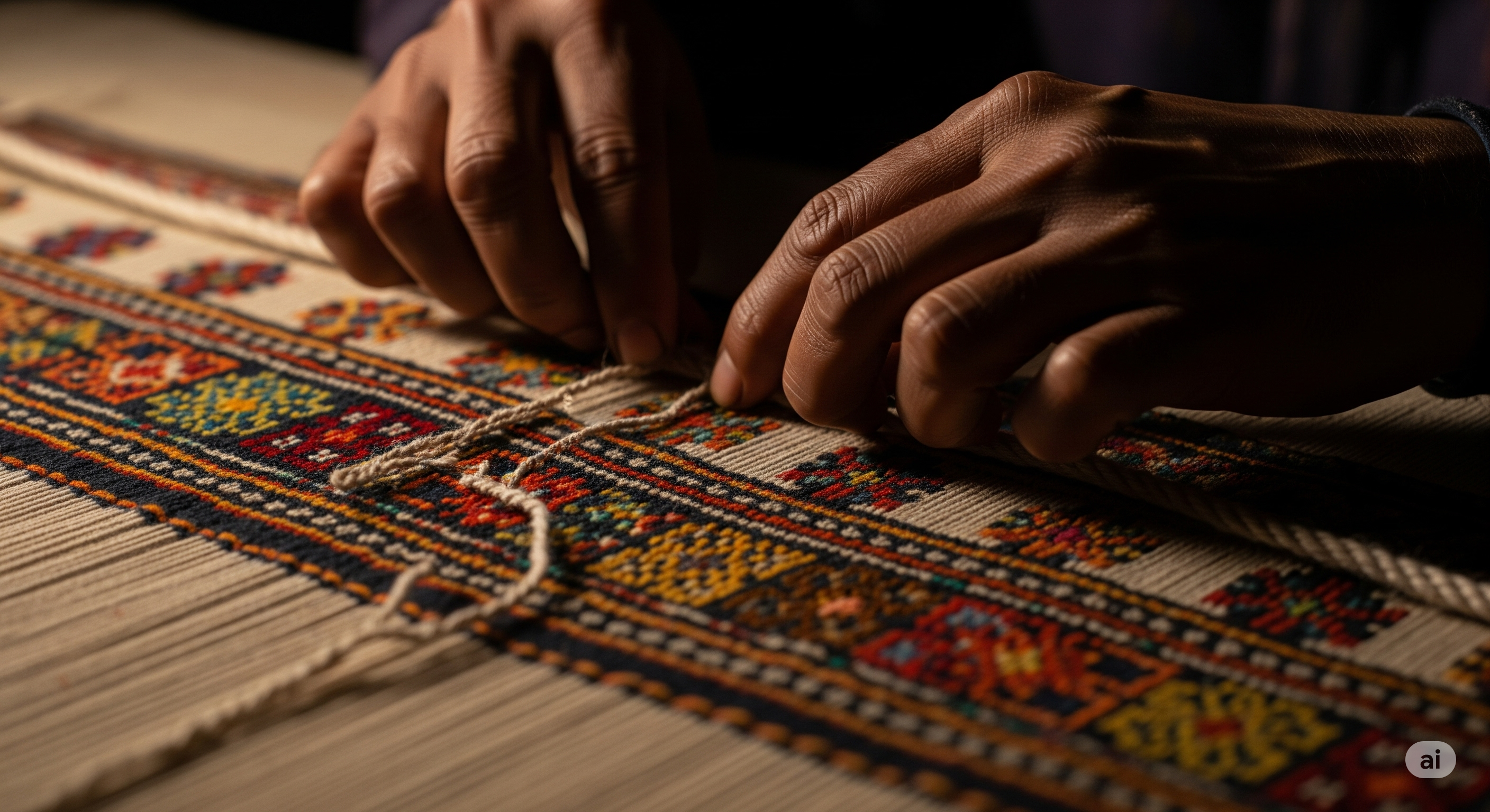 AI Generated close-up of an artisan's hands weaving a rug
